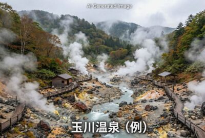 日本屈指の強酸性泉として名高い玉川温泉のAIイメージ風景
