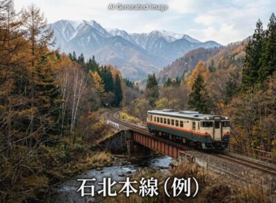 石北本線の例(画像はあくまでAIによるイメージです。実際の景色・車両等ではありませんので、ご了承ください。)