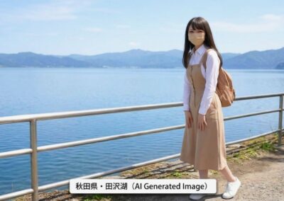 田沢湖の澄み渡る青い湖面を背景にしたAI架空自撮りイメージ写真
