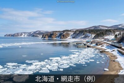 北海道網走市の景色のイメージ(画像はあくまでAIによるイメージです。実物・実際の景色ではありませんので、ご了承ください。)