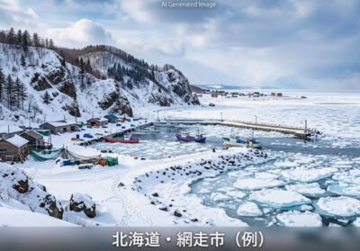 冬の北海道網走市の景色のイメージ(画像はあくまでAIによるイメージです。)