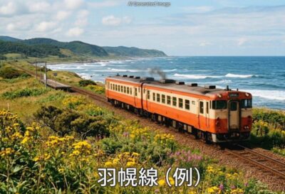 かつての羽幌線の走行イメージ(画像はあくまでAIによるイメージです。実際の景色・車両等ではありませんので、ご了承ください。)