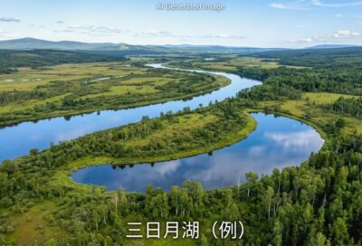 天塩川のそばの「三日月湖」の例（画像はあくまでAIによるイメージです。）