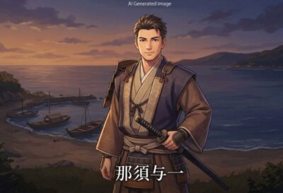 那須与一。源平合戦で平家を、その「弓の腕」で抑えた名手。(画像はあくまでAIによるイメージです。)(鉄道唱歌 香川編の歴史解説)