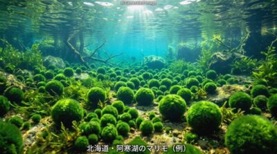 清らかな水と調和する、阿寒湖のマリモの球体(画像はAIによるイメージです。)