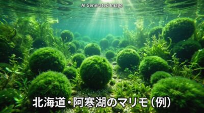 波に揺られて丸く育つ阿寒湖のマリモのイメージ
