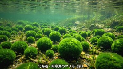 湖底で光を浴びて美しく輝く阿寒湖のマリモ
