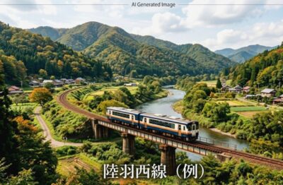 陸羽西線(画像はあくまでAIによるイメージです。実際の景色・車両等ではありませんので、ご了承ください。)