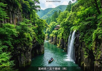 高千穂峡(画像はあくまでAIによるイメージです。)(鉄道唱歌 宮崎編の地理・歴史解説)