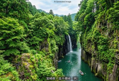 高千穂峡の景色のイメージ(画像はあくまでAIによるイメージです。)(鉄道唱歌 宮崎編の地理・歴史解説)
